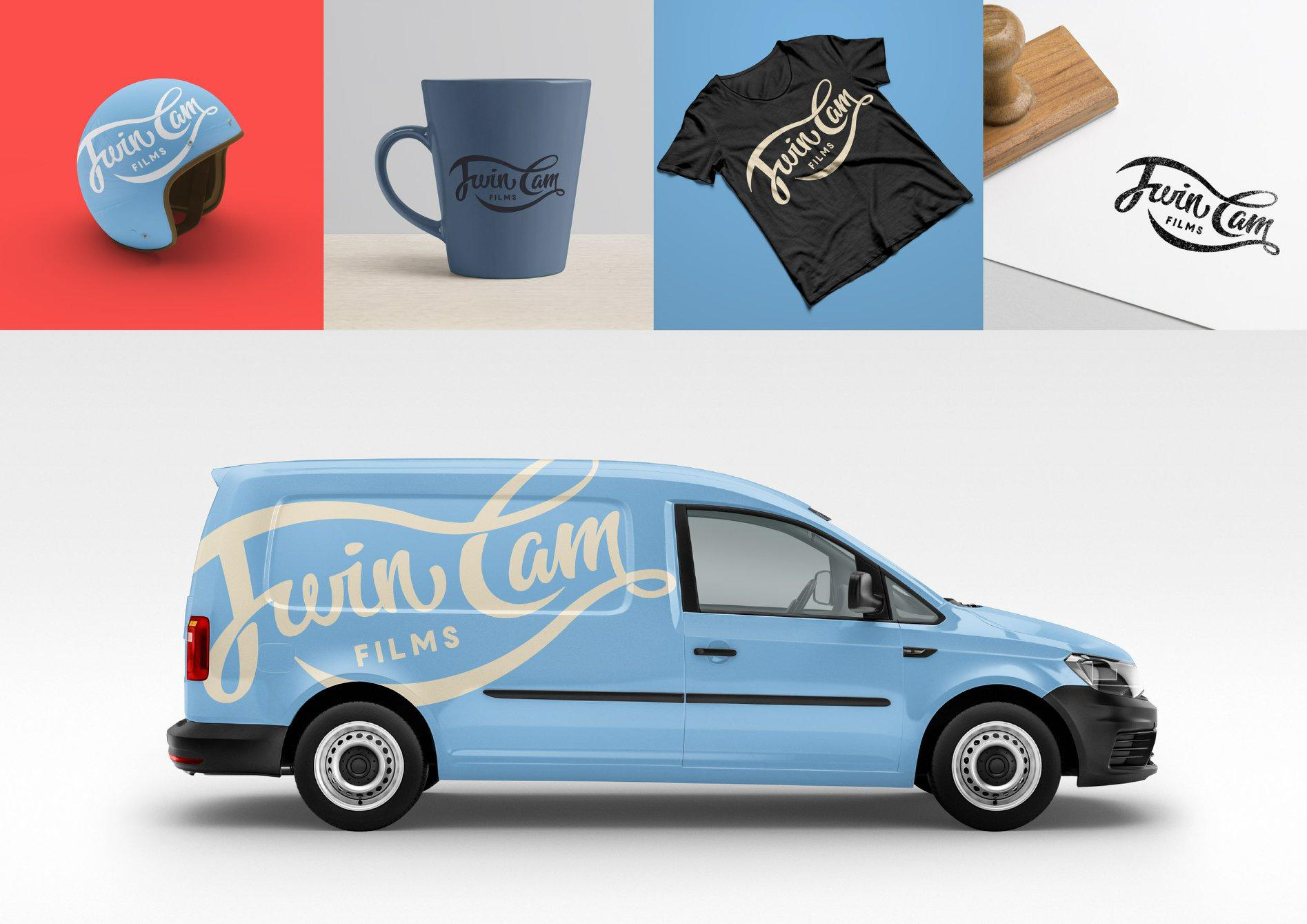 Twin Cam Films – A film-company identity across van livery, merch and stationery.
